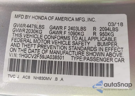 2018 Honda Accord Ex-L 2.0T from USA, damaged, VIN 1HGCV2F59JA038501